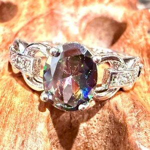 Mystic Topaz Stone Sterling Silver 925 Ring with Clear CZ Stones Size 9